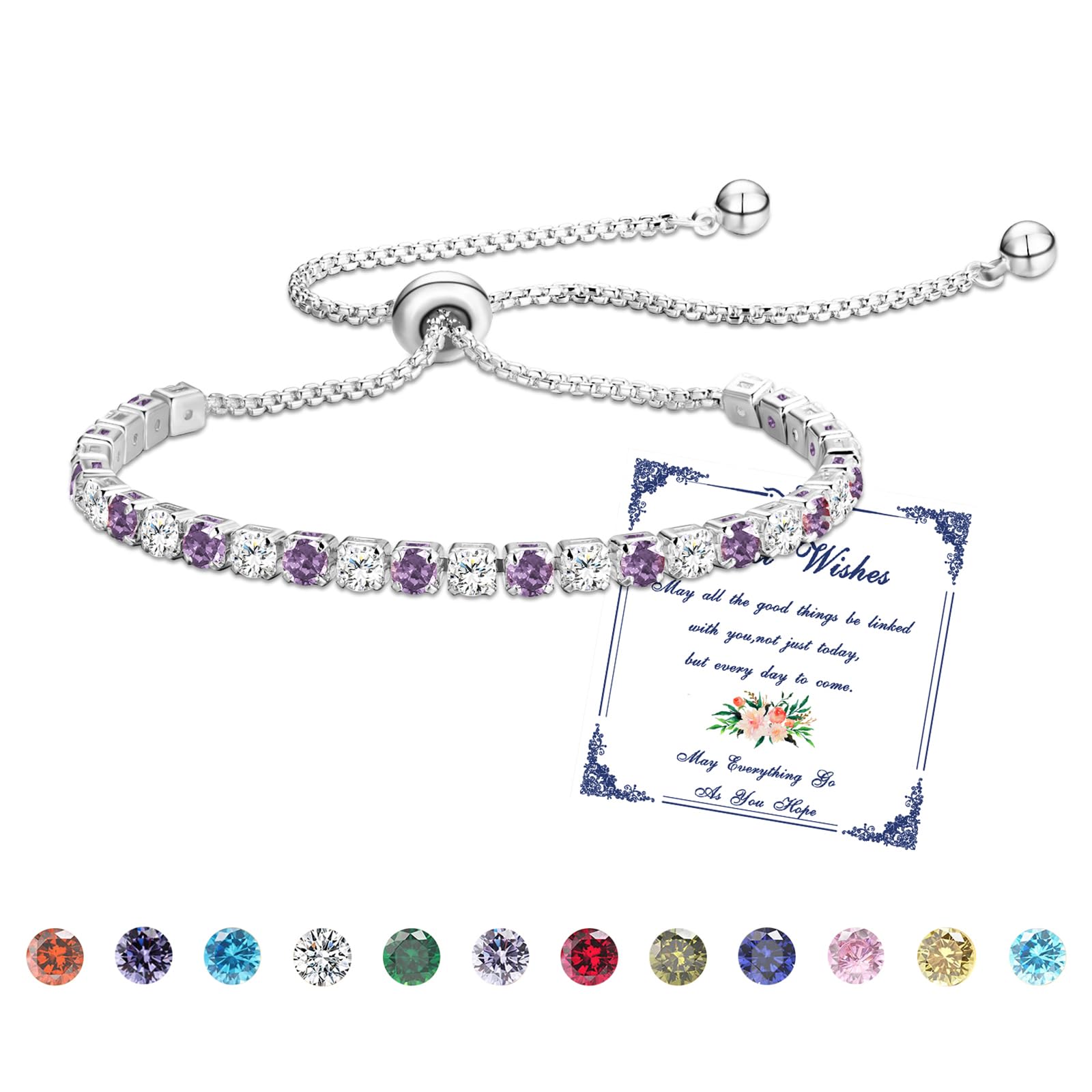 Esmoly Bracciale Donna Argento Bracciale Tennis con 12 Colori di Pietre Natali e 5A Sparkle Zircone Regolabile Regalo Compleanno Donna Ragazza