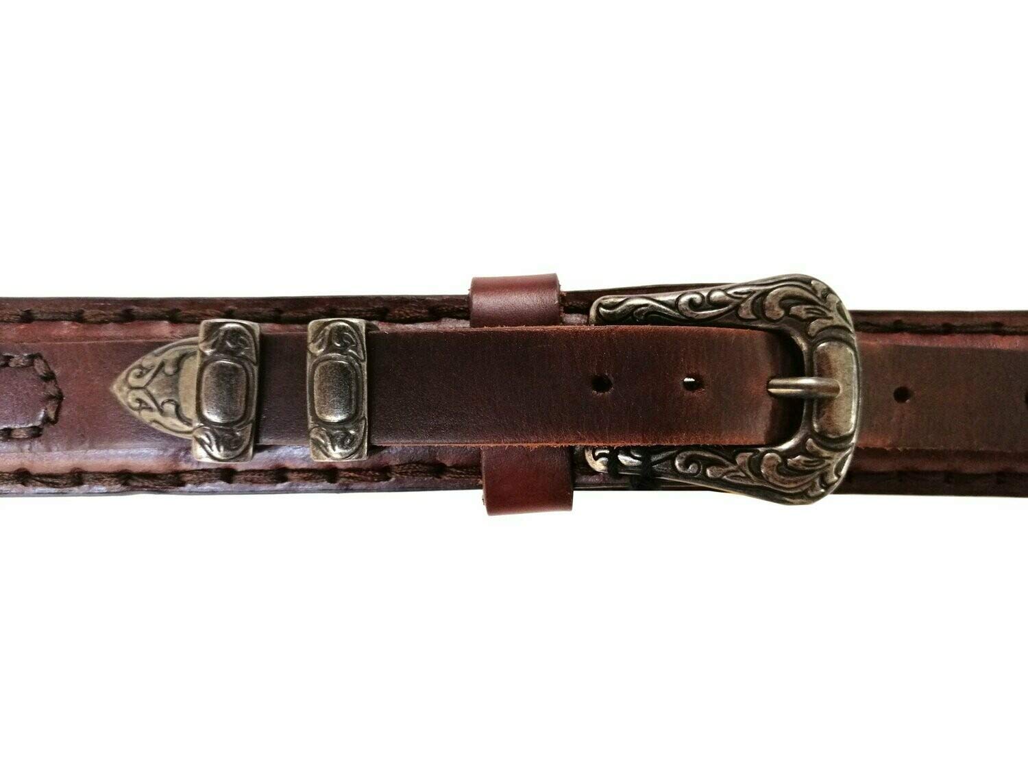 CHARRO Cintura Vintage El E308 Western DOPPIO CUOIO CUCITO A MANO, puntale e passante in metallo anticato