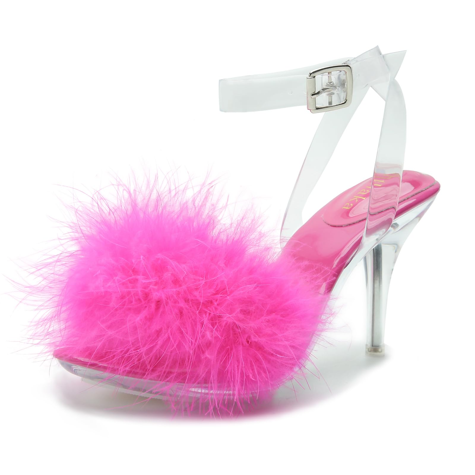 omthaka Women's Fuzzy Clear Heels Ankle StrapStilettos Heels Mules Sandals Fluffy Feather Slip On High Heeled Party Prom Dresses Shoes