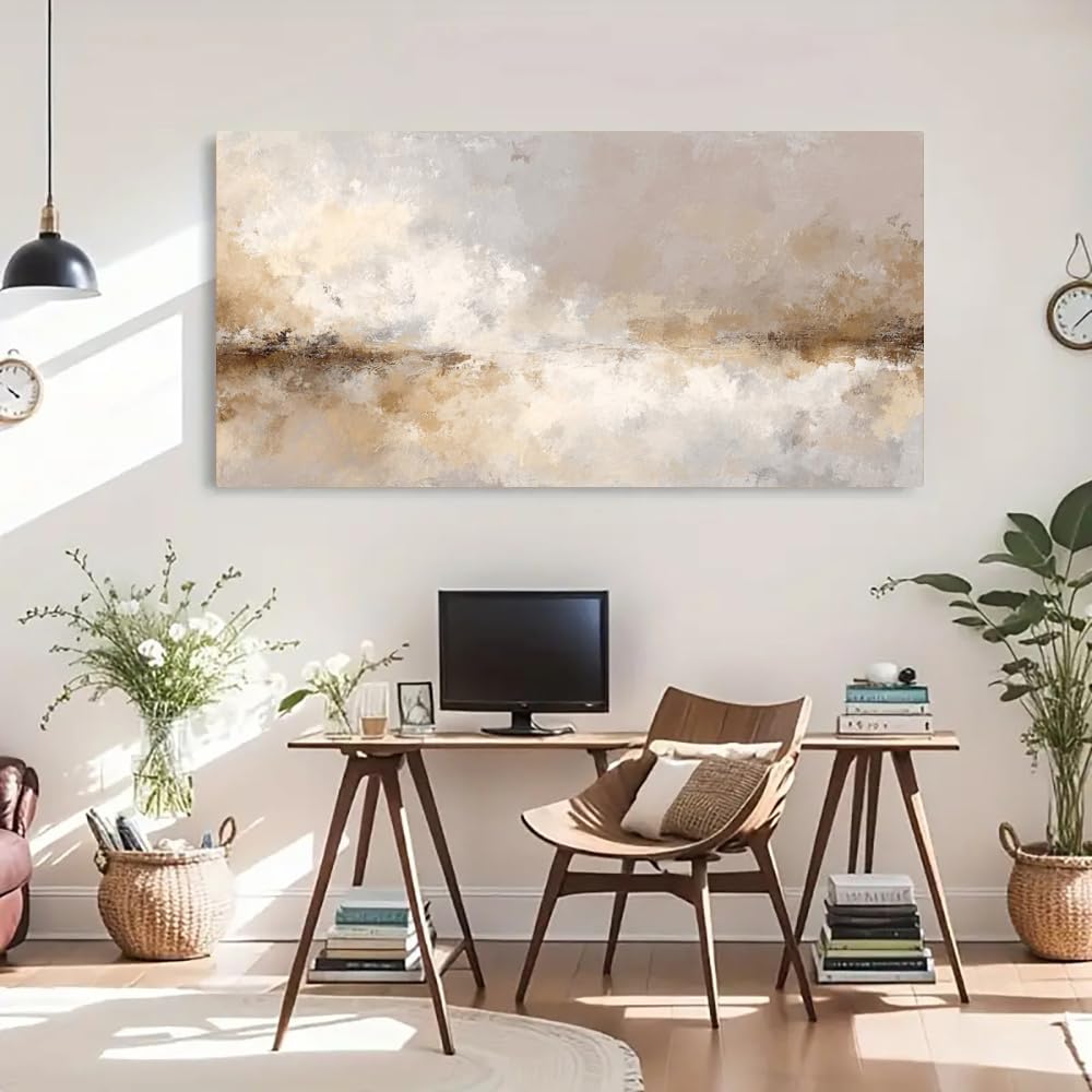 UUDEZO Framed Abstract Landscape Canvas Wall Art Modern Neutral Beige Painting for Living Room, Bedroom, Office(70x140cm(28x55in)