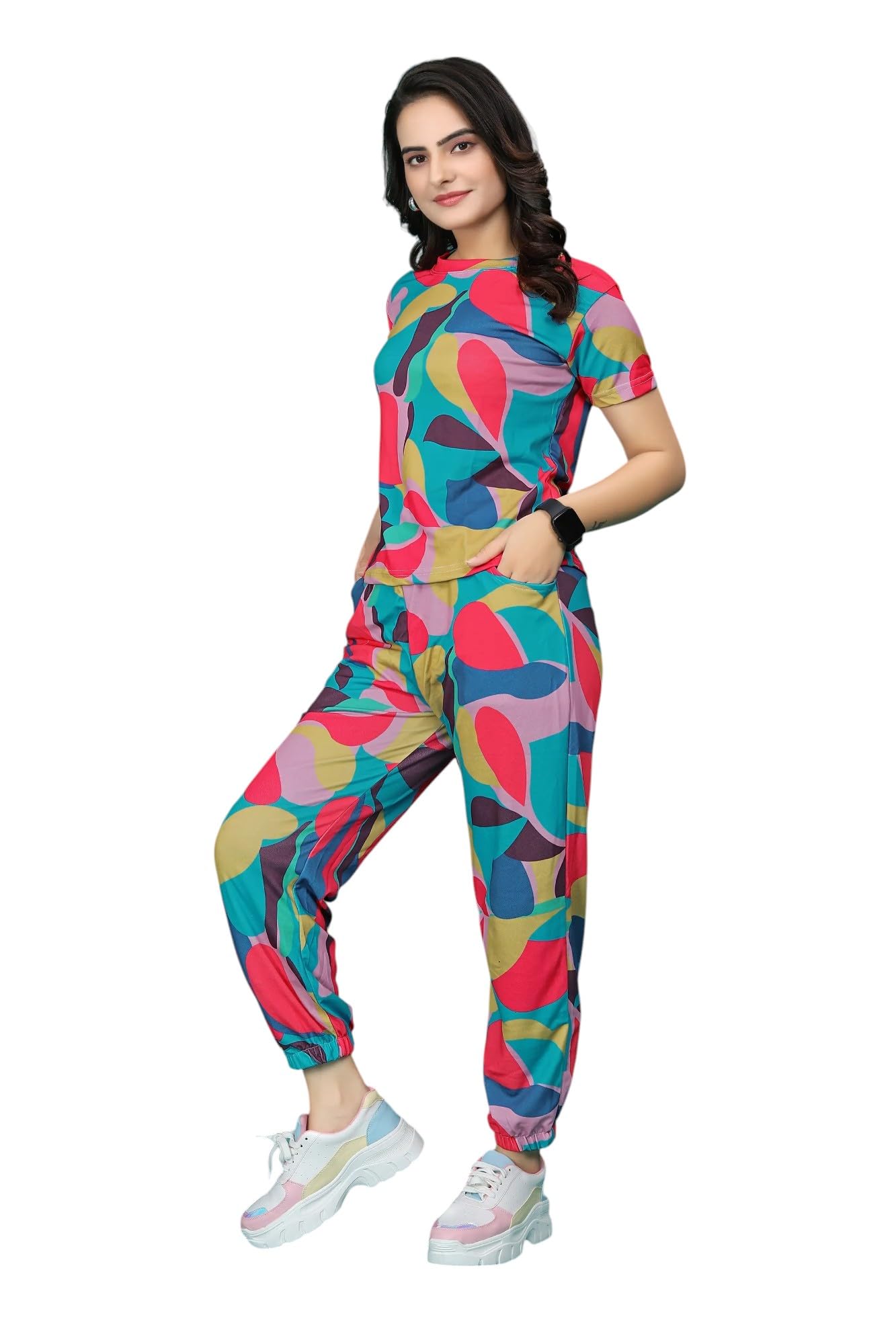 adixus Women's Two-Piece Lounge Set, Short Sleeve T-Shirt and Jogger Pants, Printed Pattern-picture-23