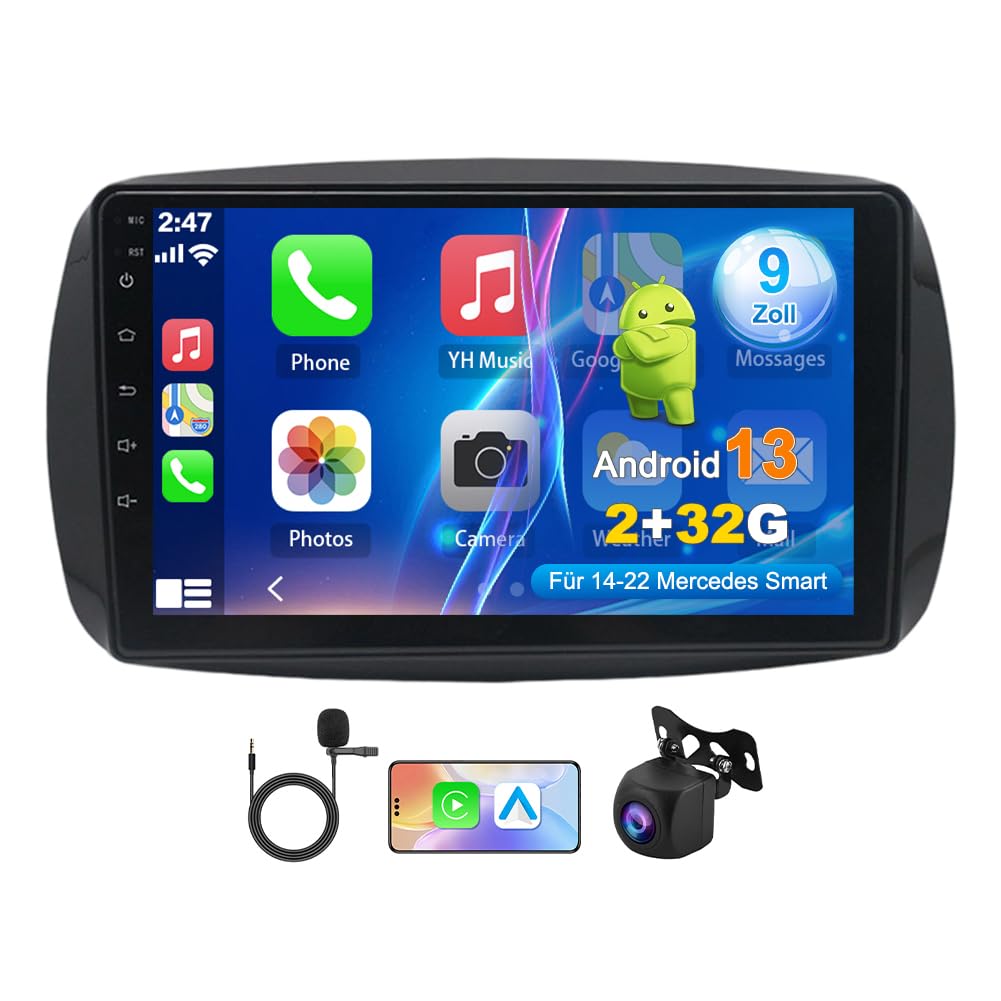 Autoradio Android 14 Radio Coche para Mercedes Benz Smart 453 Fortwo 2014-2022 con Carplay y Android Auto 9" Pantalla Táctil, Bluetooth 5.0 GPS Volante Control RDS WiFi BT Cámara & Mic, 2+32G
