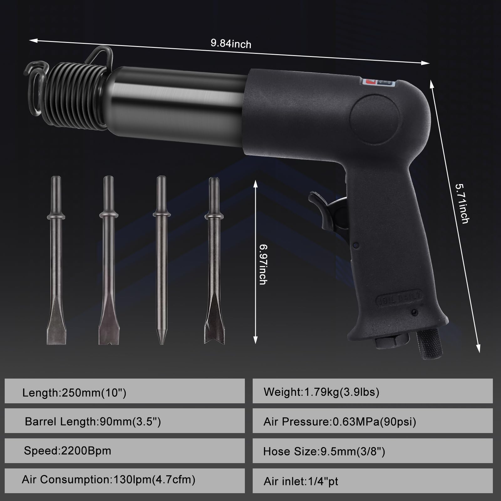 Long Barrel Air Hammer Kit, Includes 4 Types Of Chisels