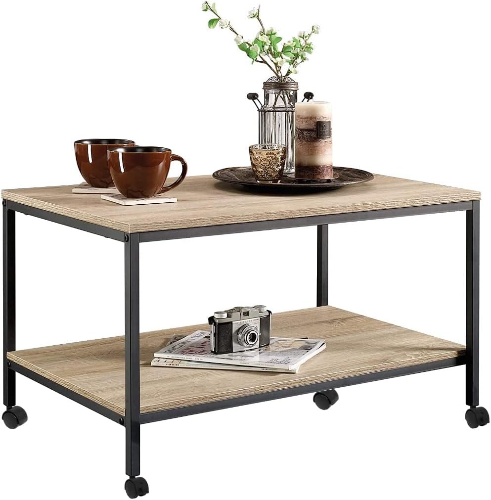STAR WORK Coffee Table with Metal Frame with Wheels,2-Tier Tea Table with Storage Shelf,Cocktail Table TV Stand Side End Table |32 x 19 x 17 inches (LxWxH)(Coffee Table)