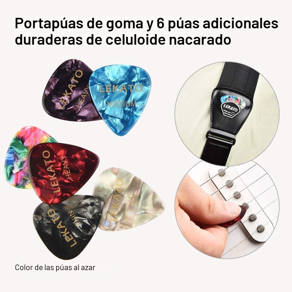 LEKATO Correa de guitarra acolchada con extremos de cuero genuino Correas de hombro cómodas de 3 pulgadas de ancho Longitud ajustable de 45 "a 55" para guitarras eléctricas bajas con 6 púas