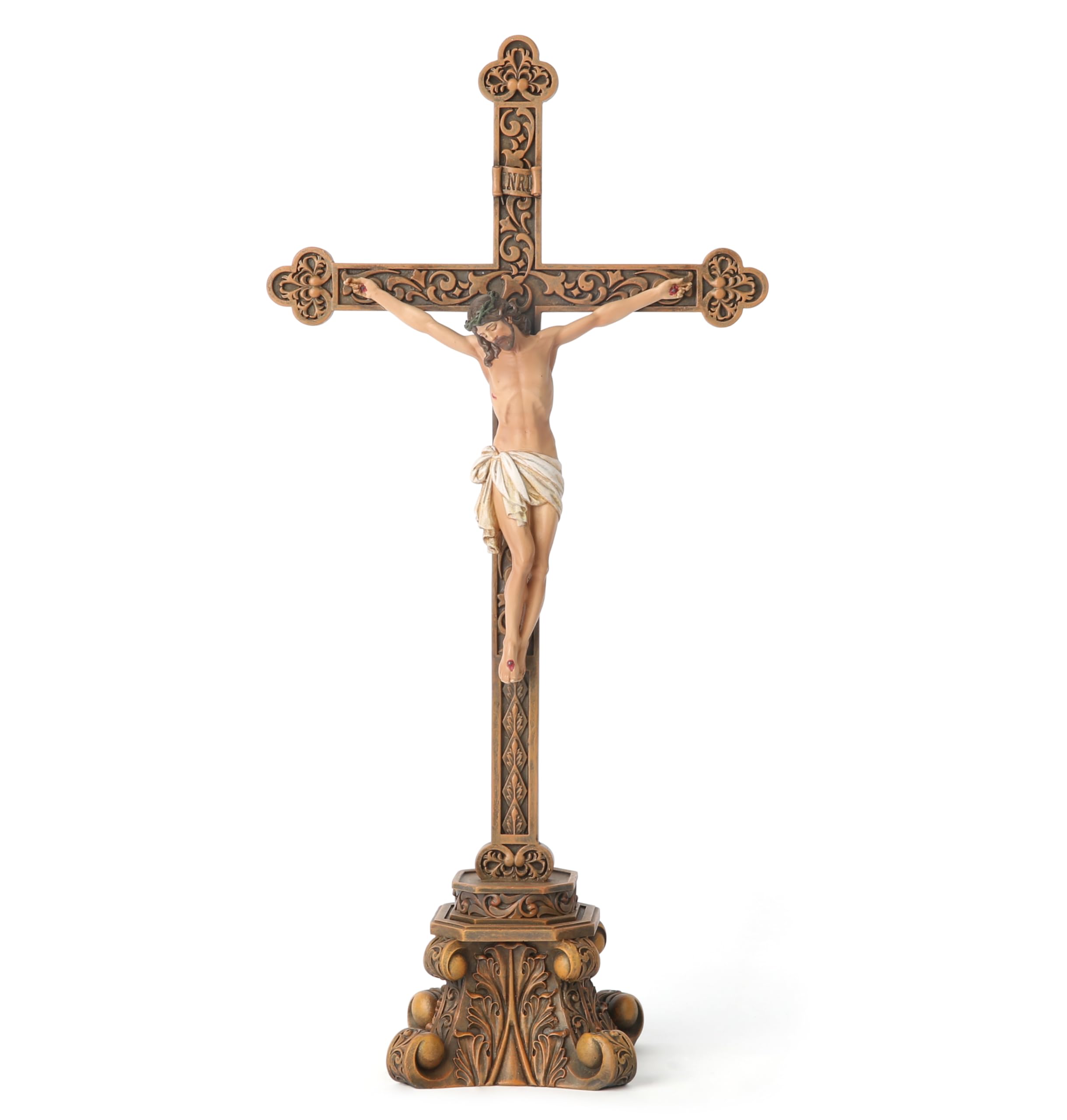 BC Catholic Standing Crucifix for Altar, Jesus Christ Tabletop Religious Home Decor, Antique Gold and Realistic Color Finish, 14.75" H Hand Painted by Buildclassic