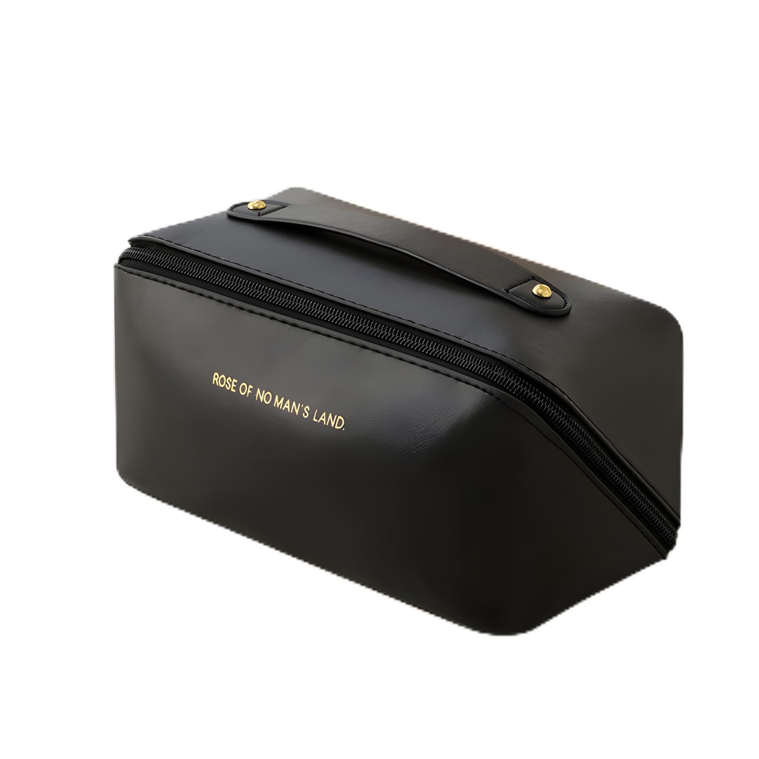 CLAPONE Leather Makeup Organizer Bag Cosmetic Pouch for Women/Travel Makeup Bag/Large Capacity Cosmetic Bags for Women/Waterproof Portable Pouch Open Flat Toiletry Bag (Black)-image-1