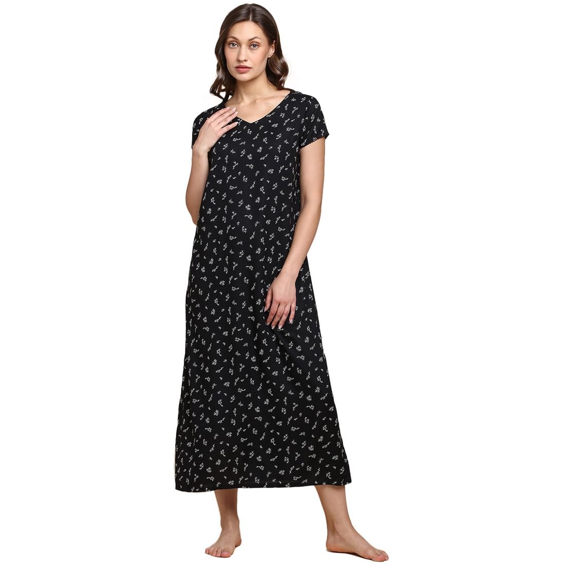 van heusen Women's Viscose Maxi Printed V-Neck Short Sleeves Night Dress-picture-20