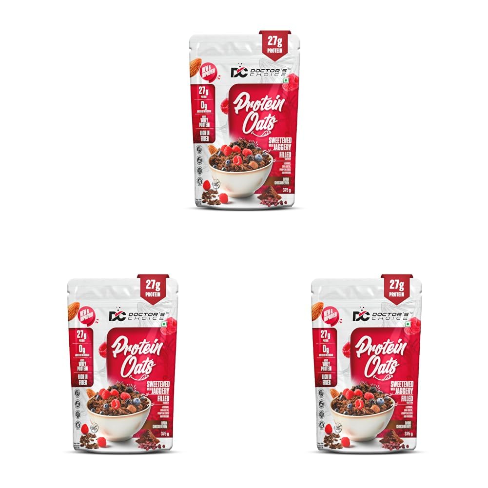 Doctors Choice High Protein Oats 375g | 27g Protein Oatmeal | Dark Choco Berry Flavor | No Added Sugar | Gluten Free | High Fiber Healthy Breakfast Oats (Pack of 3)-image-14