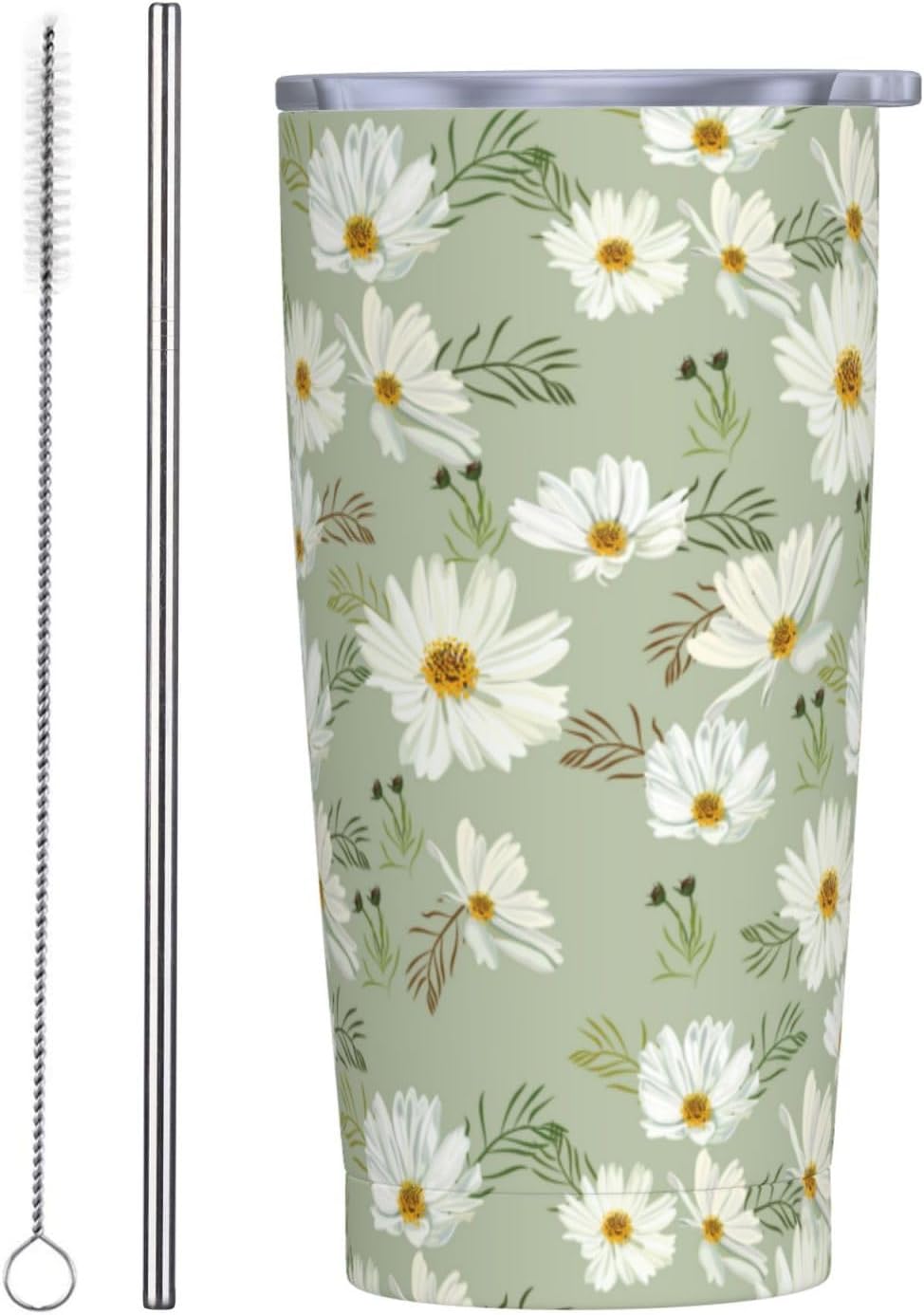 JASROTAO Cosmos Flower Tumblers, Green Daisy 20oz Stainless Steel Insulated Travel Tumblers,Travel Coffee Mug with Lid and Straw Cups Gifts for Women Men