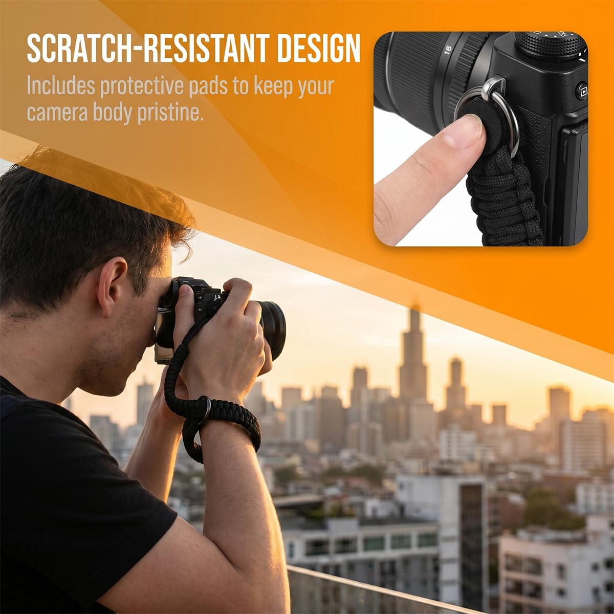 Dragonne Appareil Photo en Paracord 550, Noir Sangle de Poignet pour Appareil Photo, avec Anneaux en D, Compatible avec DSLR, Action Cam et Compact, Accessoire Sécurisé pour Photographie en Plein Air
