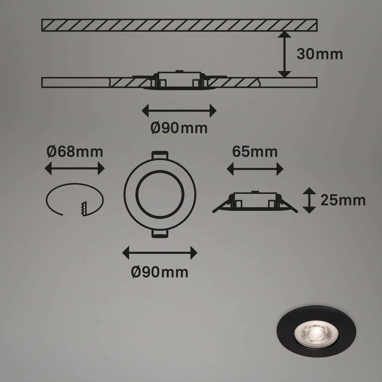 BRILONER - Jeu de 4 lampes encastrées plafond LED, lampes encastrées ultraplates, spots encastrés salle de bain, spots encastrés salle de bain IP44, noir mat, 90x25 mm (DxH)