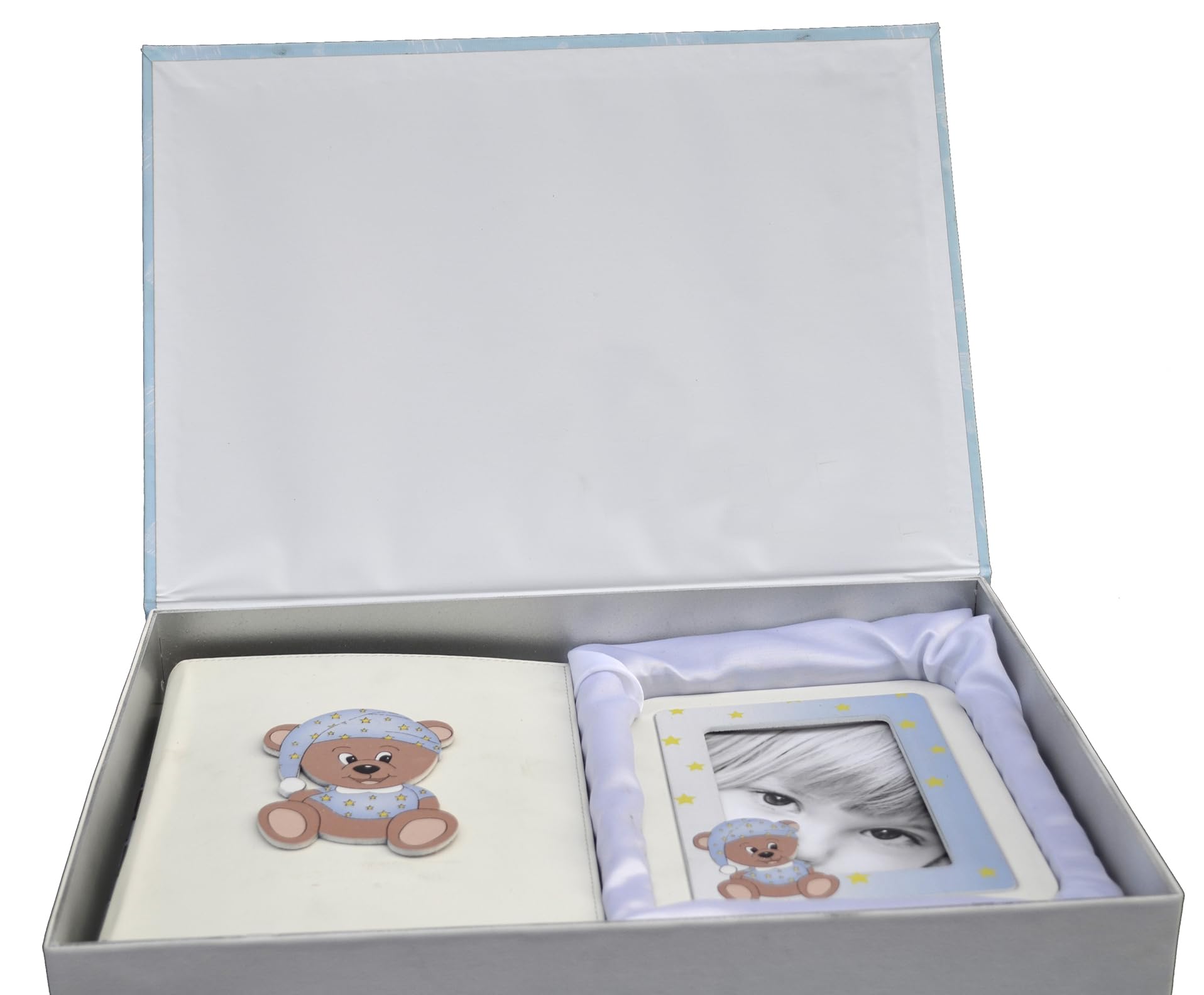 Benvenuto al Mondo: Set regalo tema Orso con Diario e Portafoto da tavolo Neonato nascita (Celeste)