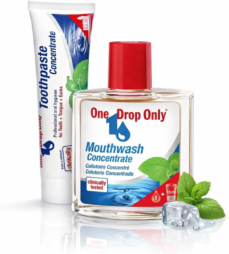 One Drop Only Oral Care Set – Mouthwash Concentrate 1.69 fl oz / 50 ml + Toothpaste Concentrate 1.69 fl oz / 50 ml – Mint Herbal Daily – Travel Size – German Oral Care Brand
