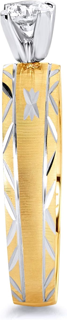 Wellingsale Ladies Solid 14k Two 2 Tone White and Yellow Gold Polished Diamond Cut CZ Cubic Zirconia Engagement Ring + Wedding Band Bridal Set