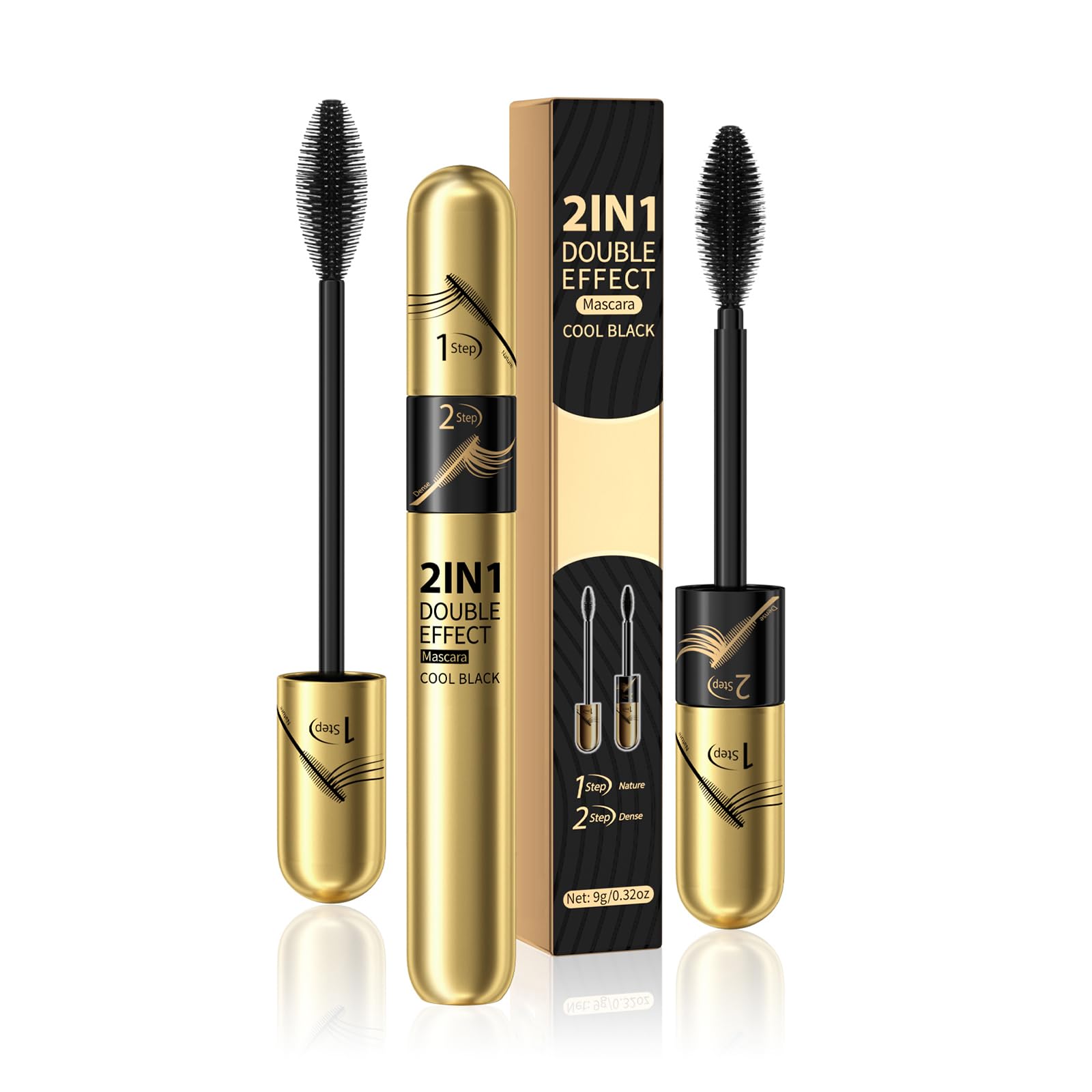 2 in 1 Mascara de Pestañas Waterproof, Máscara de pestañas de fibra de seda 4D, 2 Cepillos con Alargamiento Natural y Efecto Espesante Para Pestañas Cortas Finas, Máscara de Larga Duración