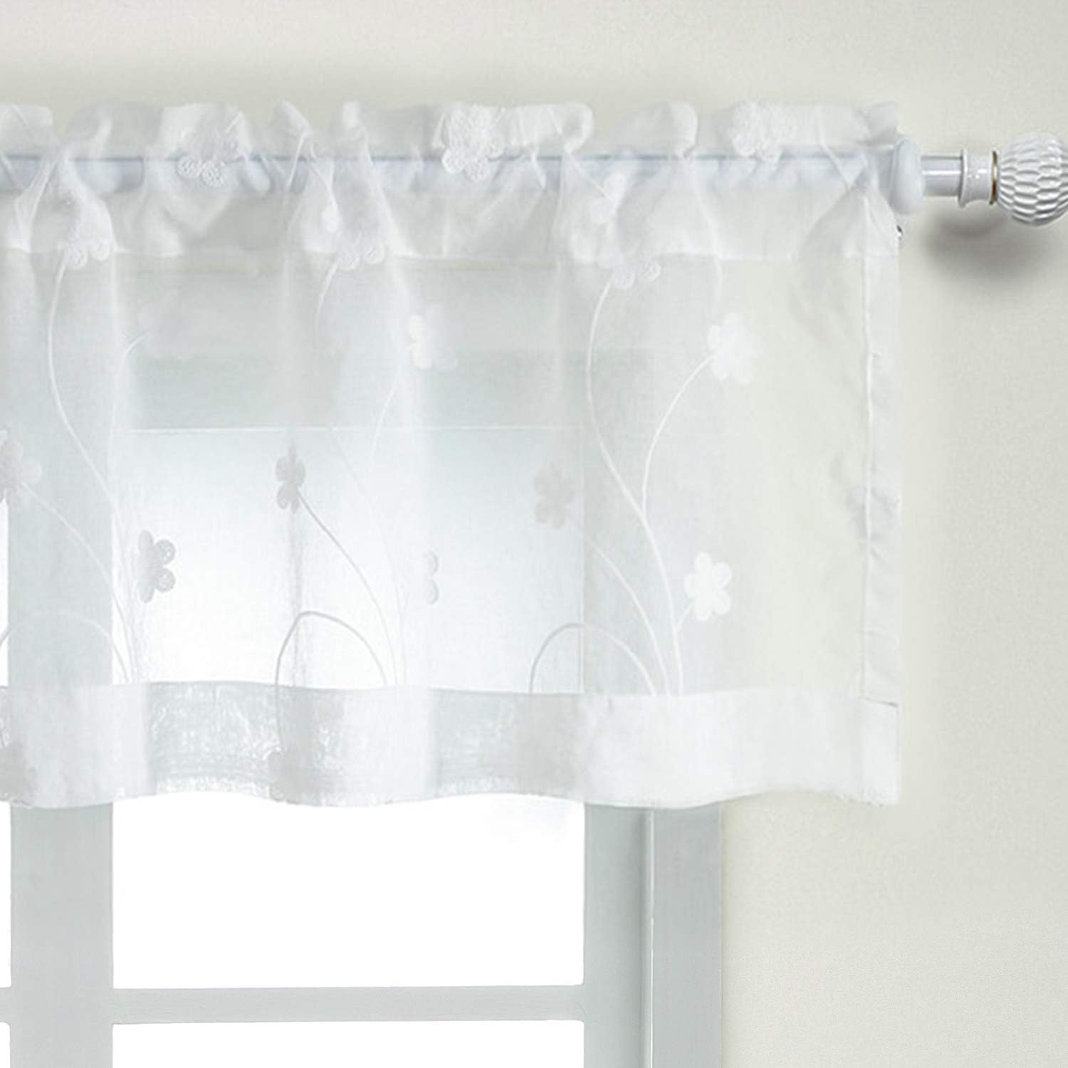 VOGOL Embroidery Voile Kitchen Valance, White Floral Sheer Short Net Curtains, Rustic Rod Pocket Easy Care Window Valance for Bedroom Cafe, 152×36 cm, 1 Panel