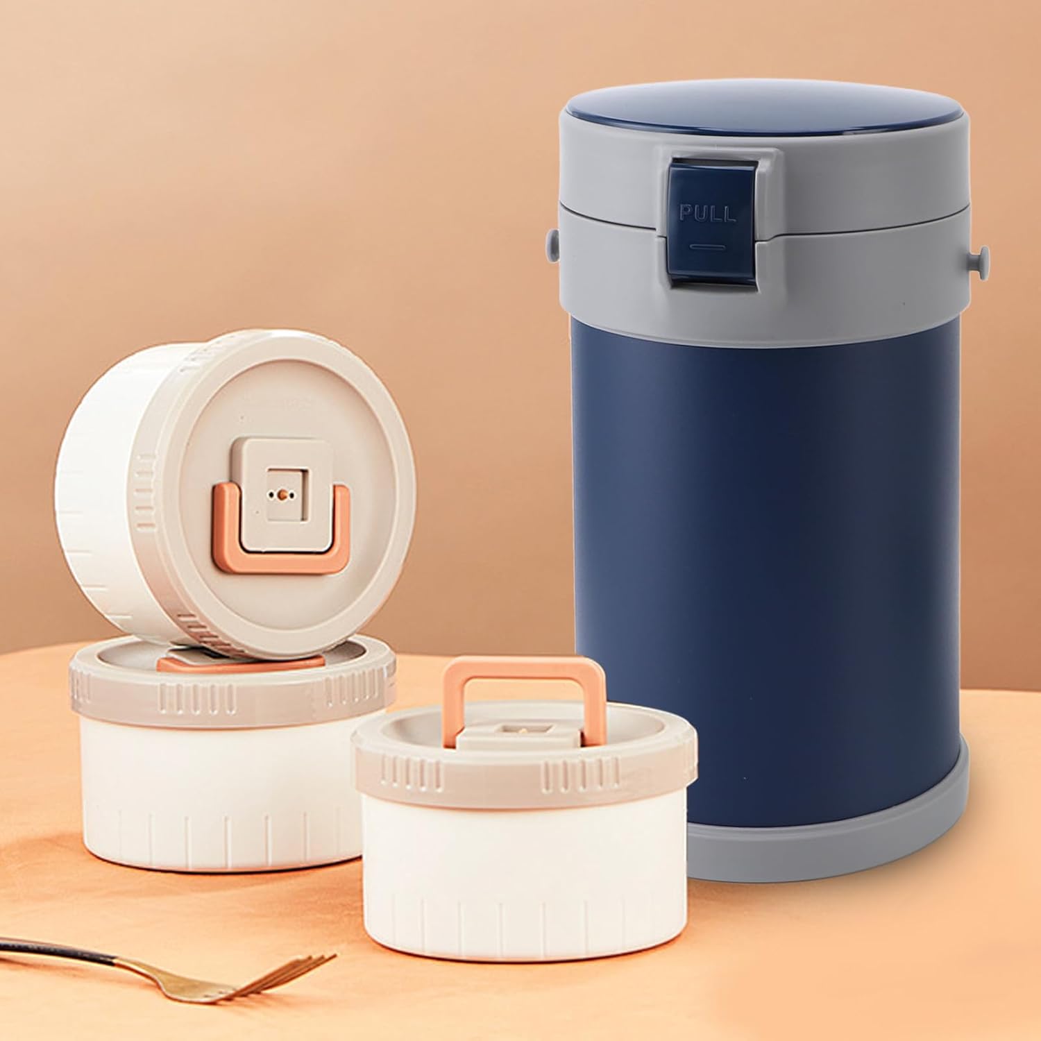 Pssopp Insulated Food Jar 3 Tier Compact Design Microwave Stainless Steel Thermal Lunch Box for Hot Food Soup and More (Blue)