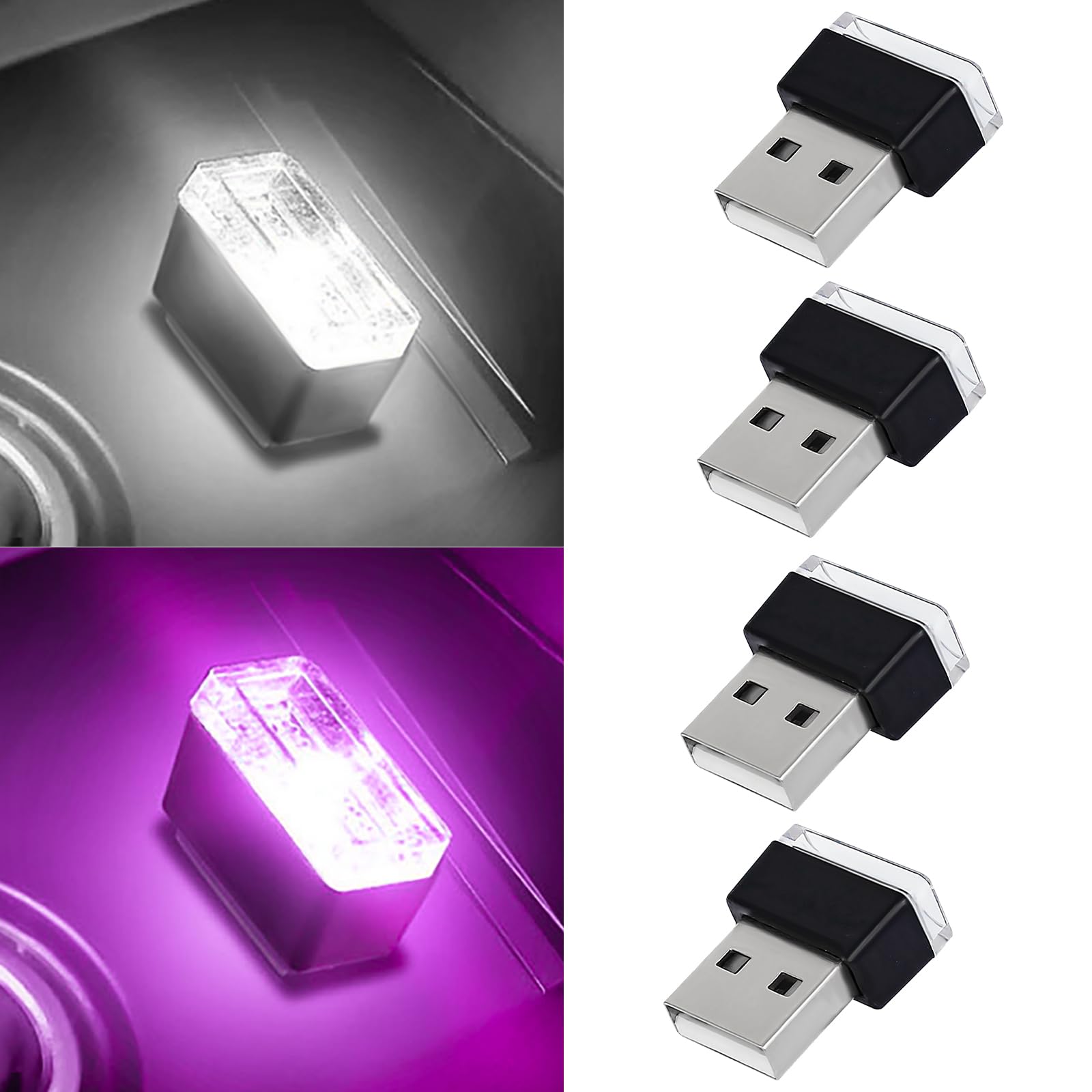 4 PCS USB LED Car Interior Atmosphere Lamp, Portable Mini Auto LED Decor Night Light, Plug-in USB Interface Ambient Lighting Kit, Universal Car Interior Accessories(White+Purple)