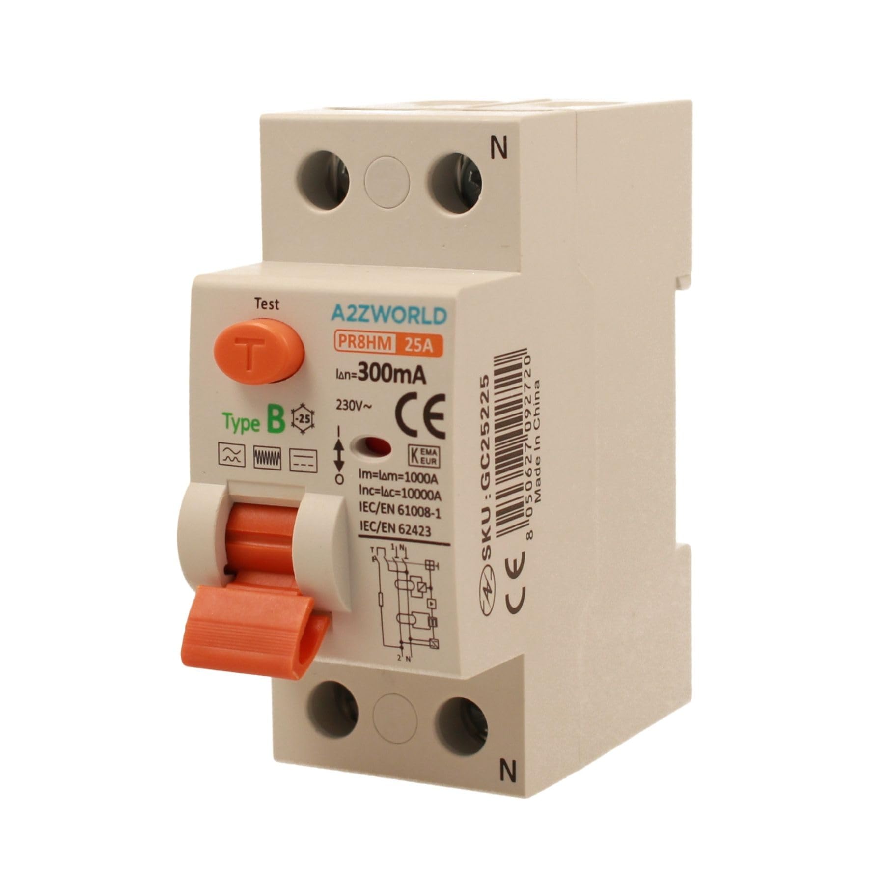 Reiner Fehlerstromschutzschalter Typ B 300 mA, Schutzschalter Typ B 25 A, RCCB 1P+N 10 kA 220 V, 2 DIN-Module, Serie PR8HM, elektromagnetisch, IEC61008-1 zertifiziert