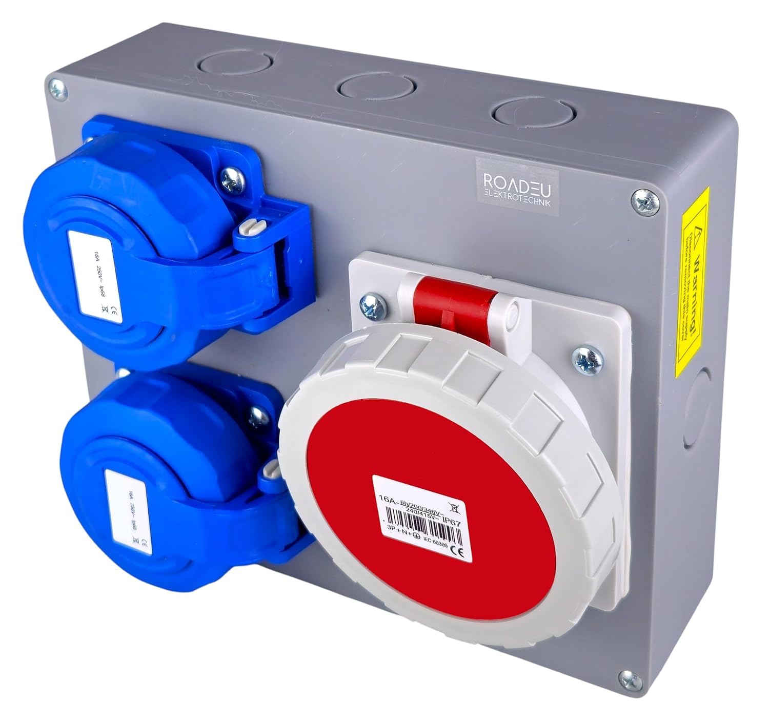 RoadEu – Caja de Distribución IP67 Estanca | 2x Enchufe Schuko 230V + 1x CEE 16A 5P 400V | Cuadro Híbrido Precableado para Obra