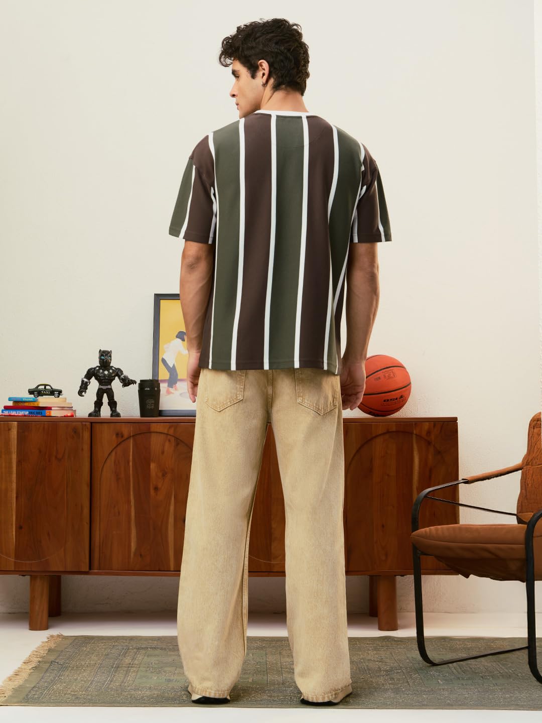 The Souled Store Maglietta a righe: Olive Branch Uomini e Ragazzi Maniche Corte Girocollo Marrone Oliva A Righe Stile Retrò Casual Leggero Spalla Scesa Streetwear Trendy Oversize T-shirt