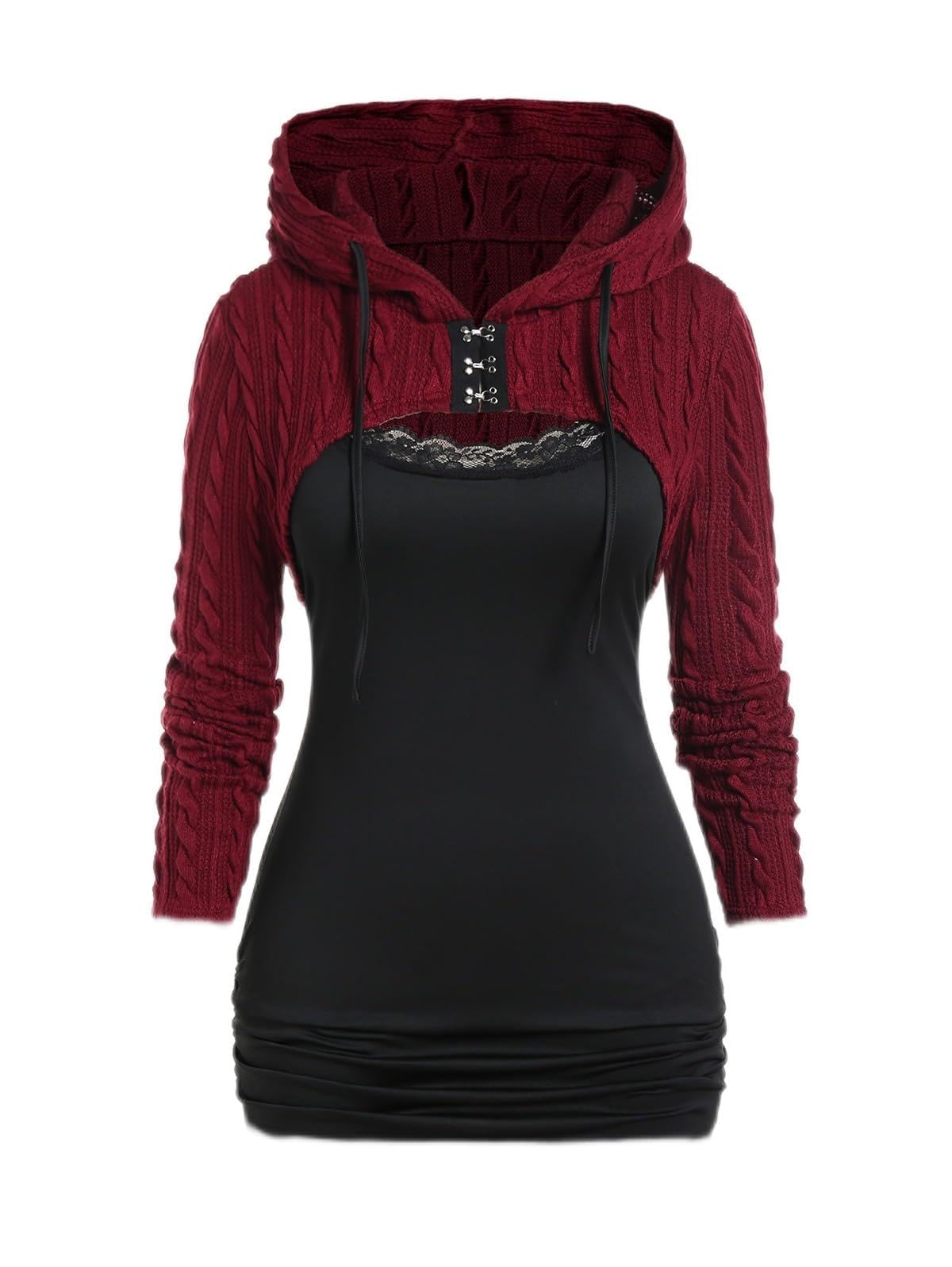 ROSE GAL Women Lace Trim Ruched Cami Tank Top and Hooded Hook Eye Cable Knit Cropped Shrug Sweater
