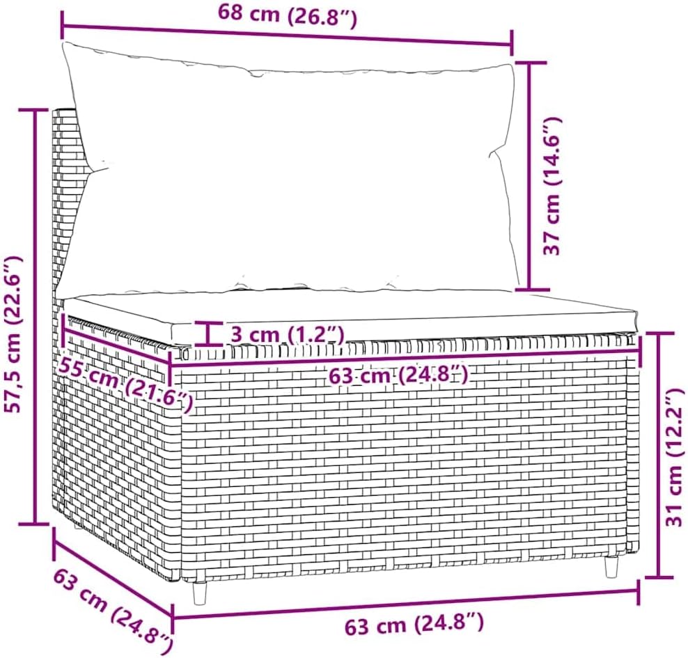 Brown PE Rattan Patio Loveseat Outdoor Modular Middle Sofa 24.8 x 22.6 in, Powder-Coated Steel Frame, Adjustable Feet, Green Cushion for Balcony Garden Backyard Seating