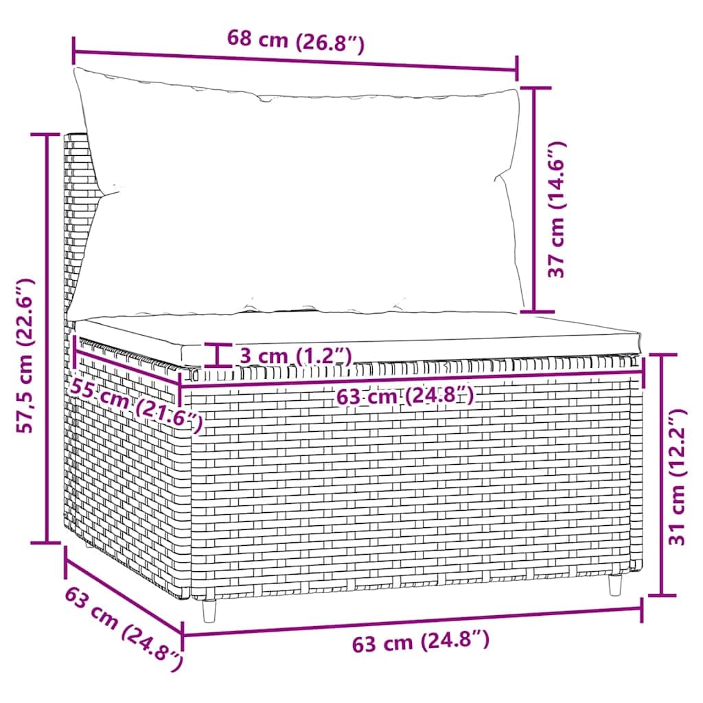 vidaXL Garten Mittelsofa, Gartensofa mit Kissen Stahlrahmen, Modular Sofa für Garten Terrasse, Gartenmöbel Loungemöbel, Grau Poly Rattan