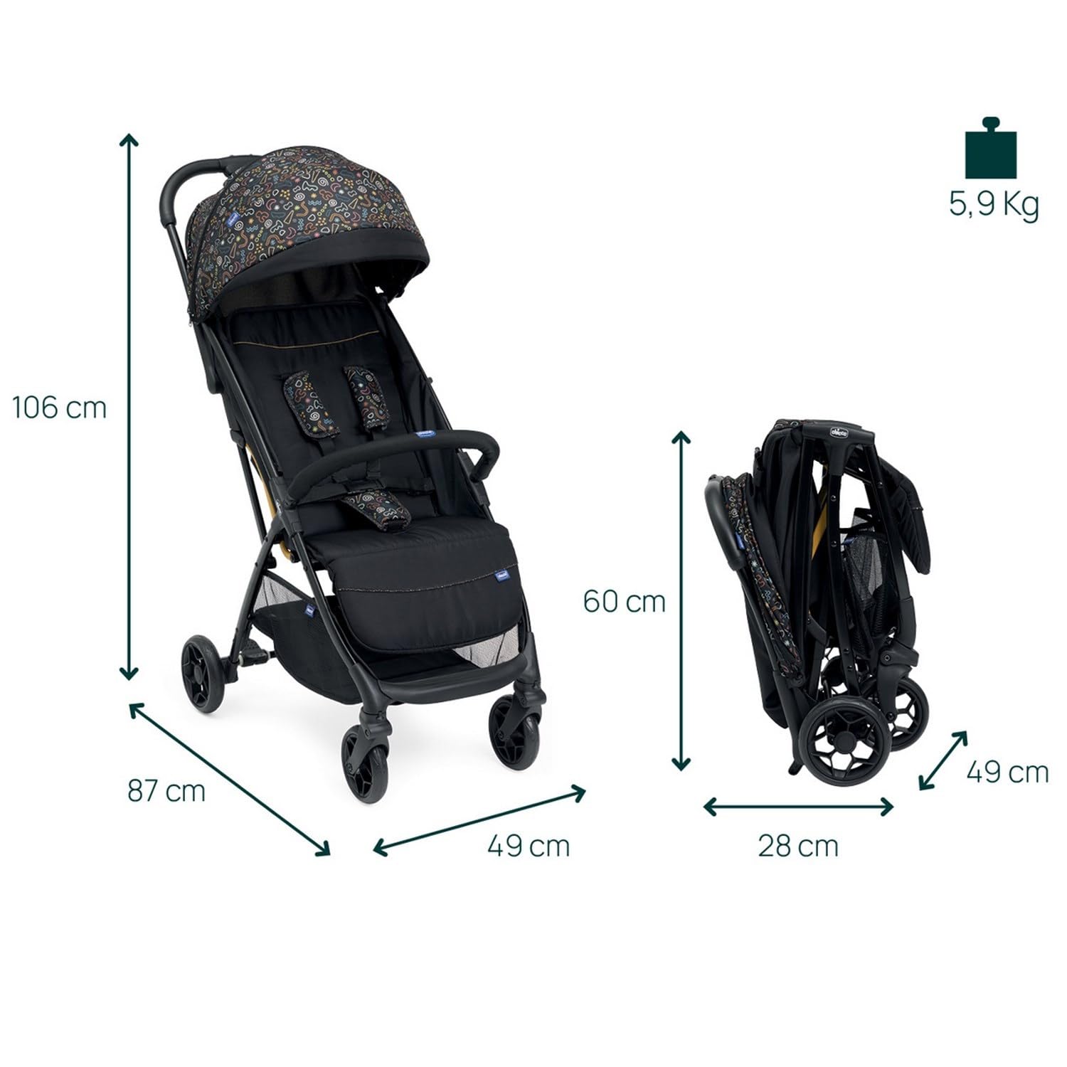Chicco, Glee, Passeggino 0+ Mesi-22 Kg, con Chiusura Automatica e Compatta, Capotte Estensibile con Trattamenti UV50+ Antipioggia, Schienale Reclinabile e Regolabile, Poggiagambe