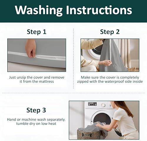 Miniatura 6 de Funda de colchón con cremallera, tamaño matrimonial, protector de colchón de poliéster 100% impermeable, funda de colchón con cremallera de alta