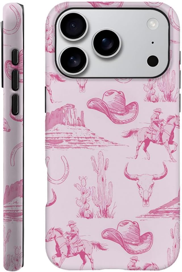 DAIZAG Case Compatible with iPhone 17 Pro,Fit Shockproof Cover for Women Girls,Vintage Pink Cowboy Hat Horses Cacti