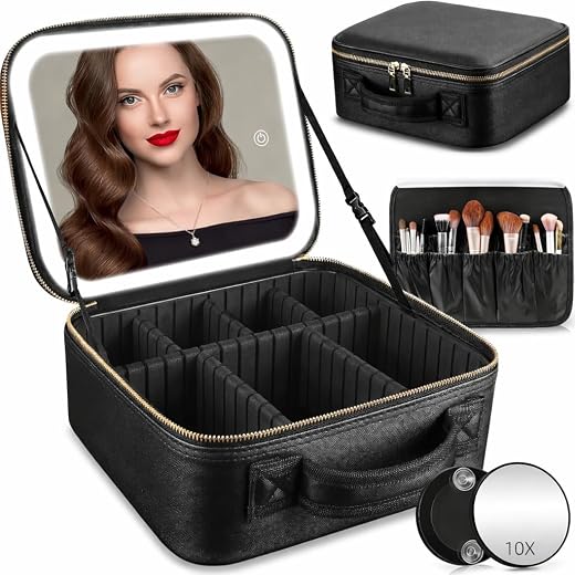 Makeup Organizer Bag for Women, Girls & Bride - Cosmetic Brushes Storage Kit with Removable 3 LED Lighting Mirror and Adju...