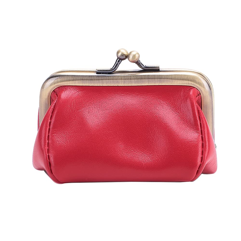 ZZHAOYI Genuine Leather Mini Vintage Coin Purse Kiss Lock change purse Cute Coin Purse Coin Organizer (Red)