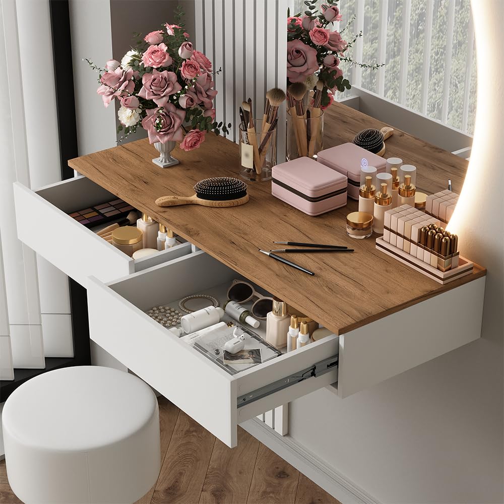 Vicco Tavolo da toeletta Melina, Bianco/quercia, 100 cm con specchio LED e sgabello, Perfetto per una routine di bellezza organizzata
