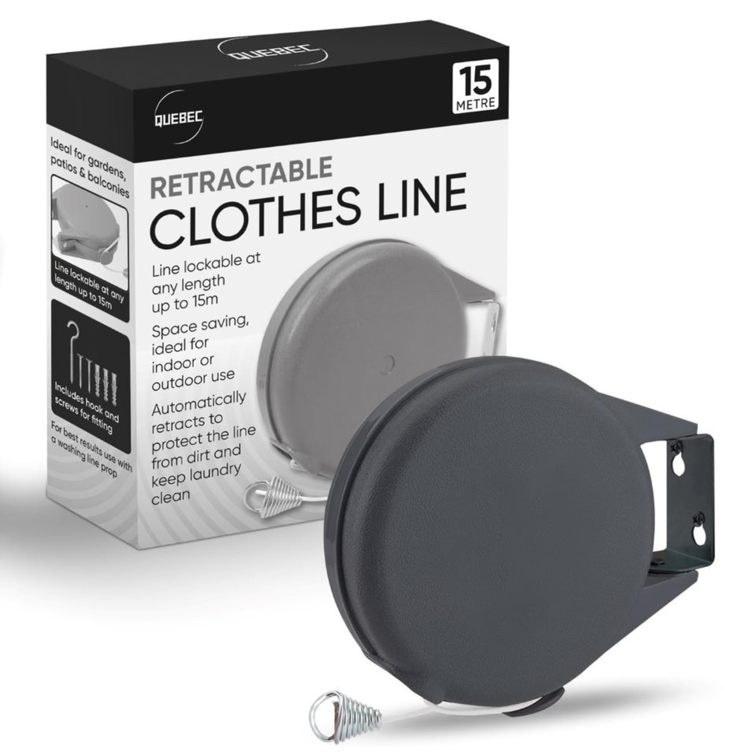 Quebec 15m Heavy Duty Retractable Washing Line Wall Mounted with Durable PVC Cover for Outdoor Use – Space Saving and Sturdy Clothes Line Drying Solution for Garden and Patio