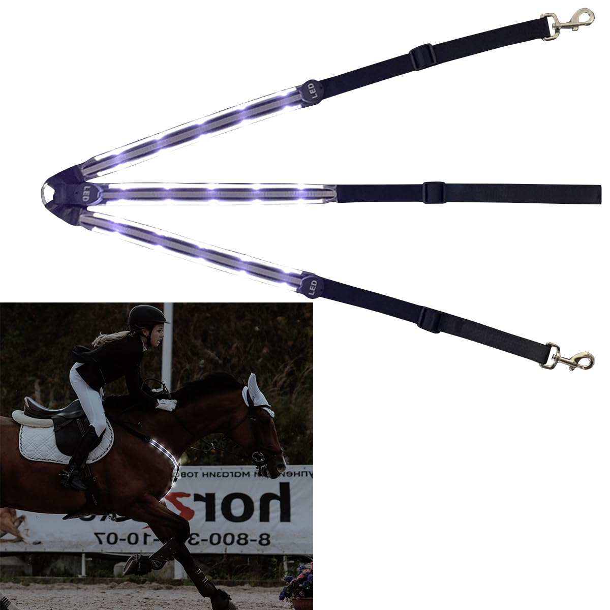 Collar con Pechopetrales de Caballo LED，Luminous Horse Necklace Correa de Peto Arnés Ajustable，Equipo De Seguridad Ecuestre Robusto Y Cómodo para Montar a Caballo（Luz Blanca）