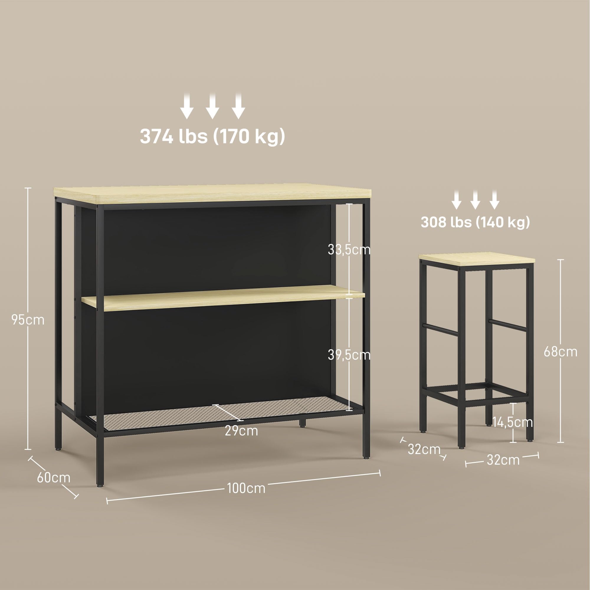 HOMCOM Ensemble Table de Bar et 2 tabourets avec Repose-Pieds, étagère de Rangement, Style Industriel, métal Noir et Aspect Bois