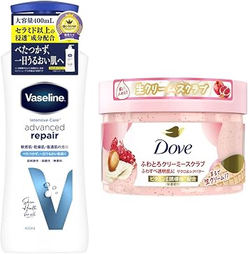 Vaseline Set Advanced Drip Body Lotion 13.5 fl oz 400 ml & Dove Pomegranate & Shea Butter Body Scrub 10.5 oz 298 g
