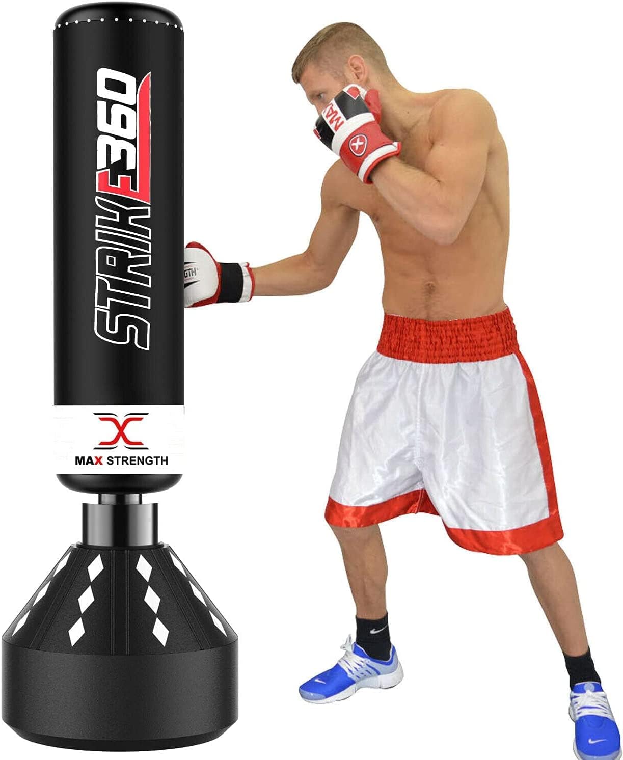 X MAXSTRENGTH MAXSTRENGTH Free Standing Boxing Punch Bag kickboxing Training Heavy punching MMA Martial Arts with Strong Suction Base Dummy Equipment (Black/White Strike 360) Size 5.5FT