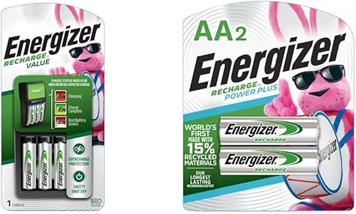 Energizer Cargador de batería recargable AA y AAA con 4 baterías AA recargables y pilas AA baterías recargables dobles A precargadas 2 unidades