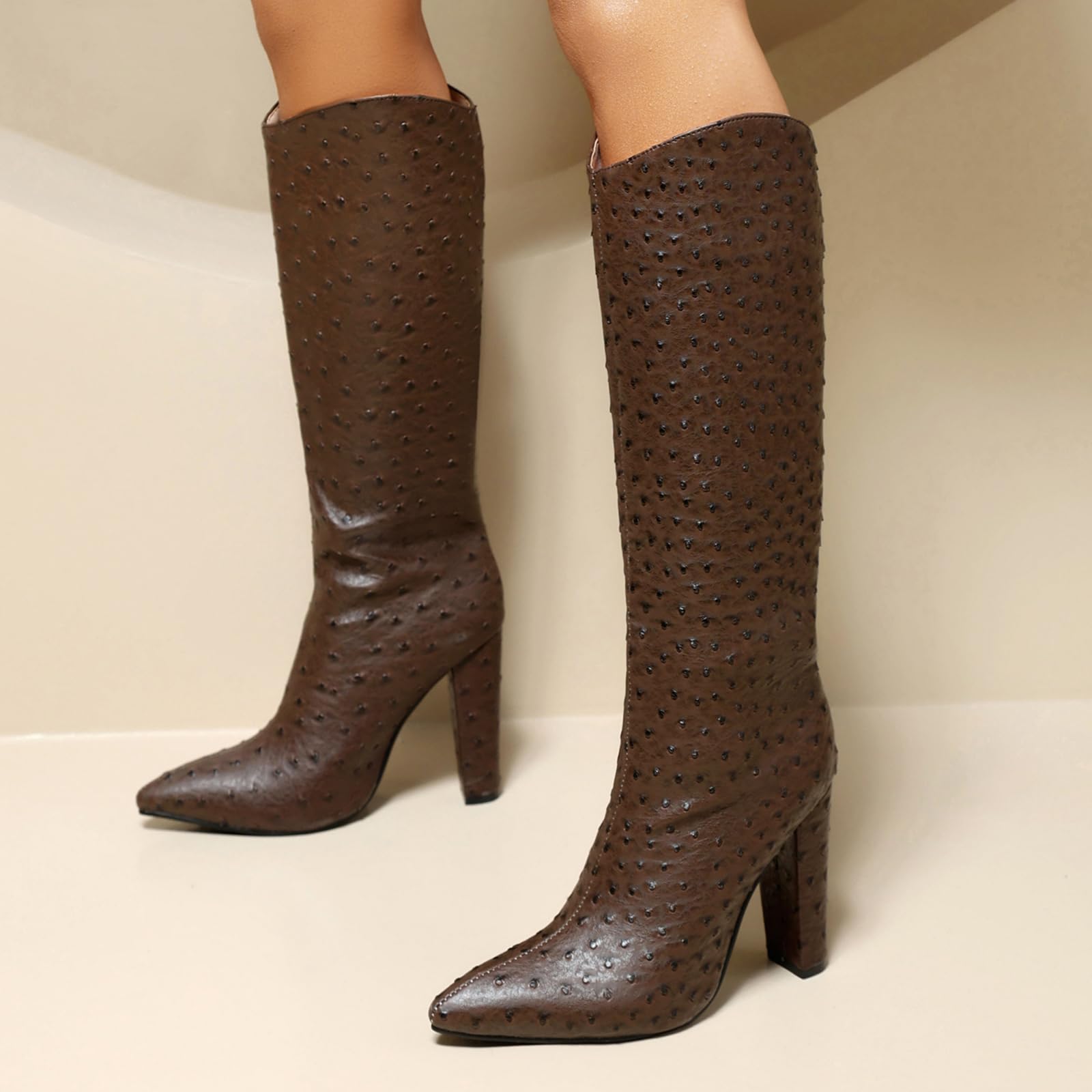 Bviennic Mujer Tacón Ancho Botas Tacón Alto Botas de Media Pantorrilla Puntiagudo Sin Cordones Moda Botas de Montar, Talla 35-45