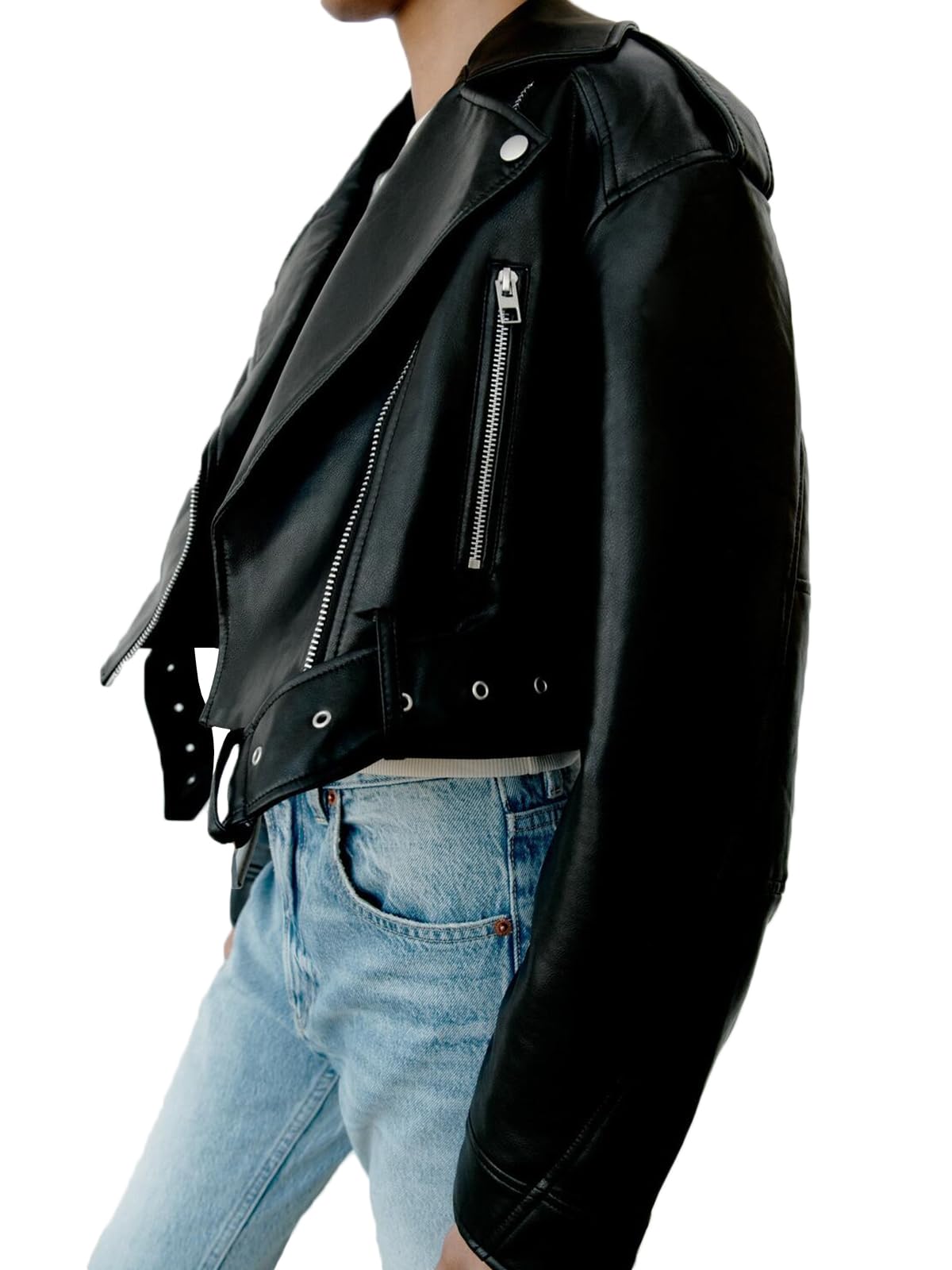 LY VAREY LIN Damen-Kurzjacke aus Kunstleder mit Reverskragen, Reißverschluss, Gürtel, Biker-Design
