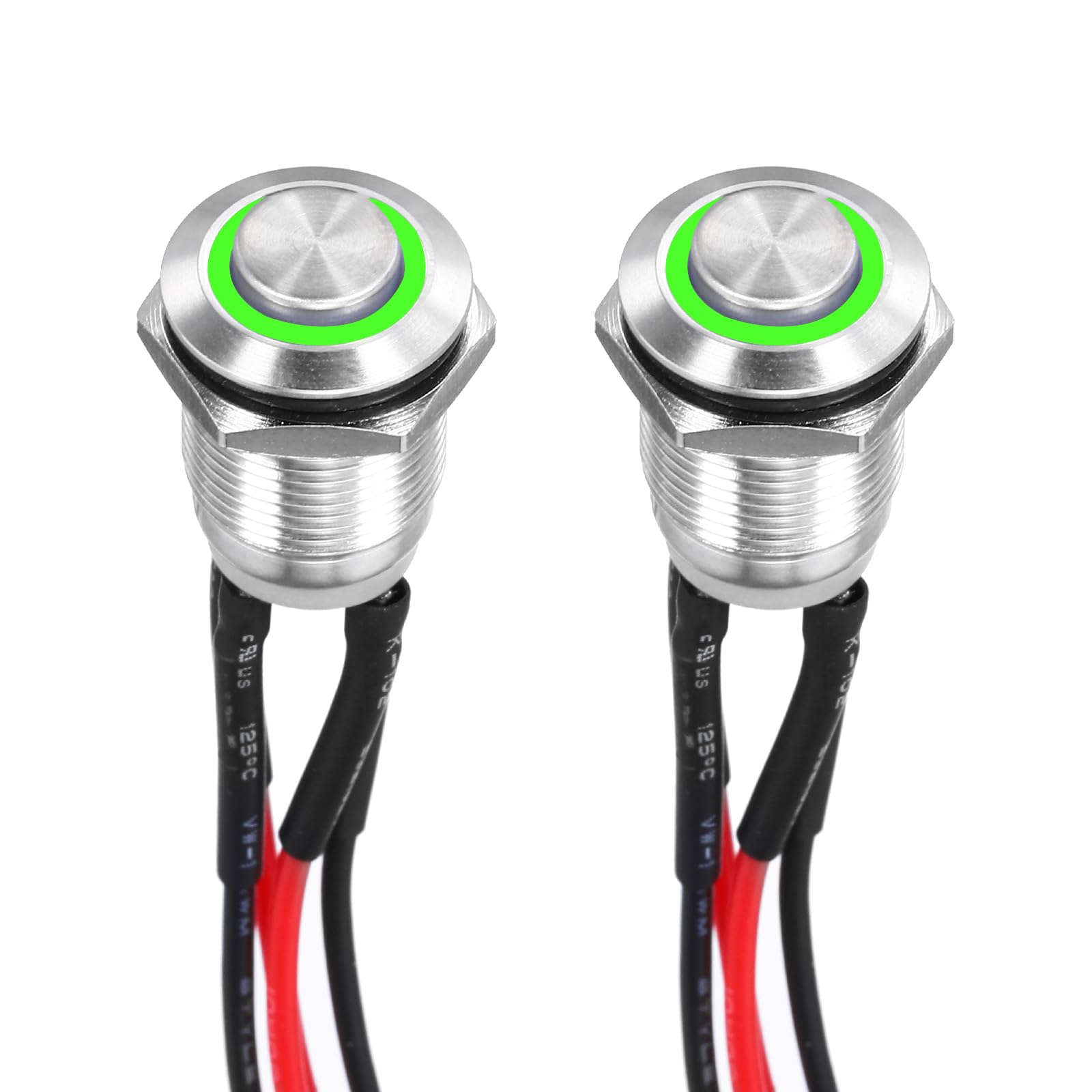 DMiotech 1/2 Inch Stainless Steel Momentary Push Button Switch Domed Head 3A 12-24V Silver Shell with Pre-soldered Green LED Ring Light 1NO