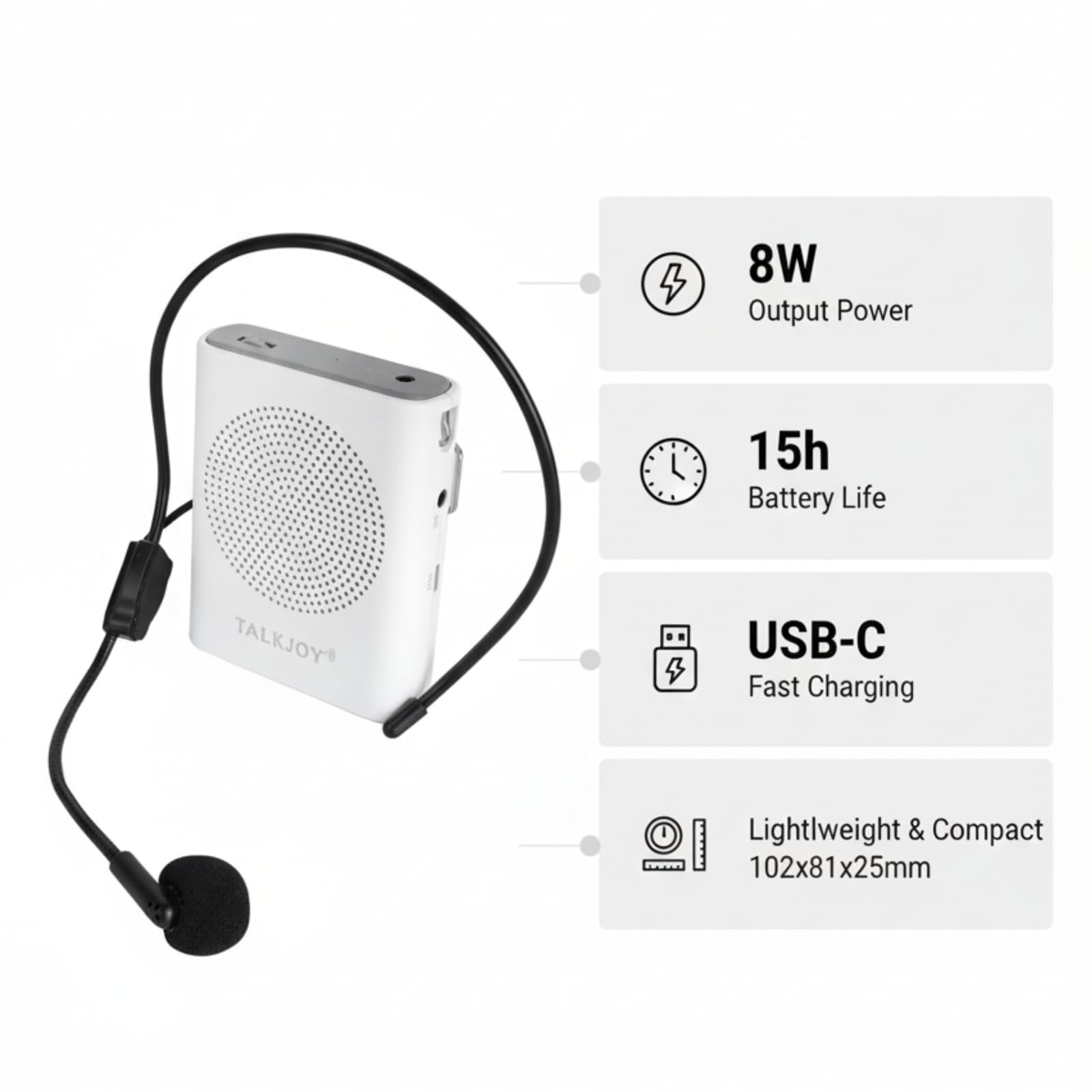 Sprachverstärker Megafon, tragbarer Lautsprecher mit Headset Mikrofon & Gürtelclip, USB-C Schnellladung & 15h Akkulaufzeit, Kompakt, leicht & klar für Lehrer, Guides, Meetings, Marktschreier