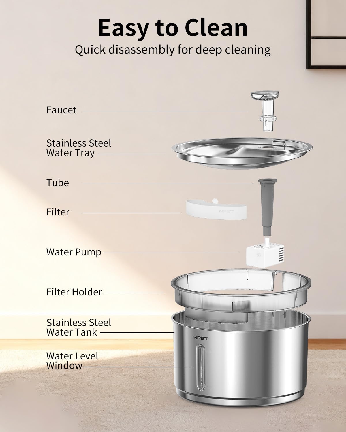 NPET Fuente de agua para gatos, 3,827.2 g/1 galón, acero inoxidable, blanco, con 3 filtros de repuesto, ultra silenciosa, ventana visible, para gatos y perros