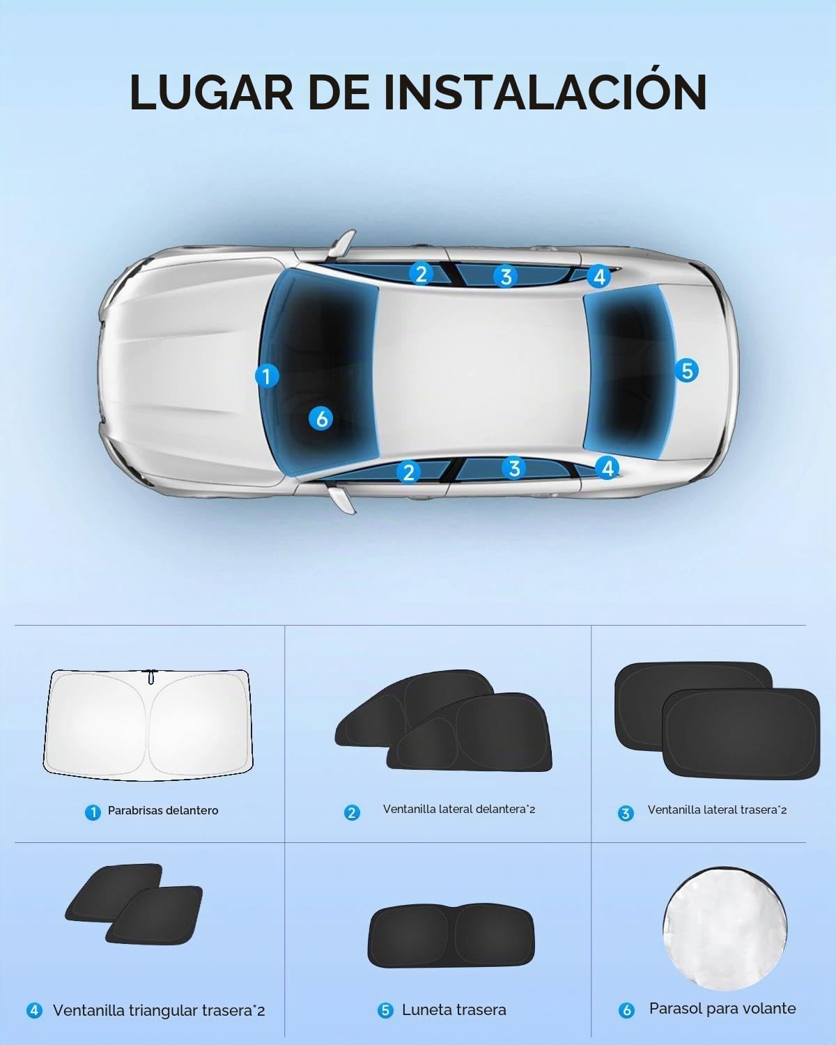Juego de 8 parasoles para coche EVOOOR para Skoda Kodiaq (2017–2024) – Cobertura completa para parabrisas, ventanillas laterales, ventanas triangulares y luneta trasera – Protección UV y contra el