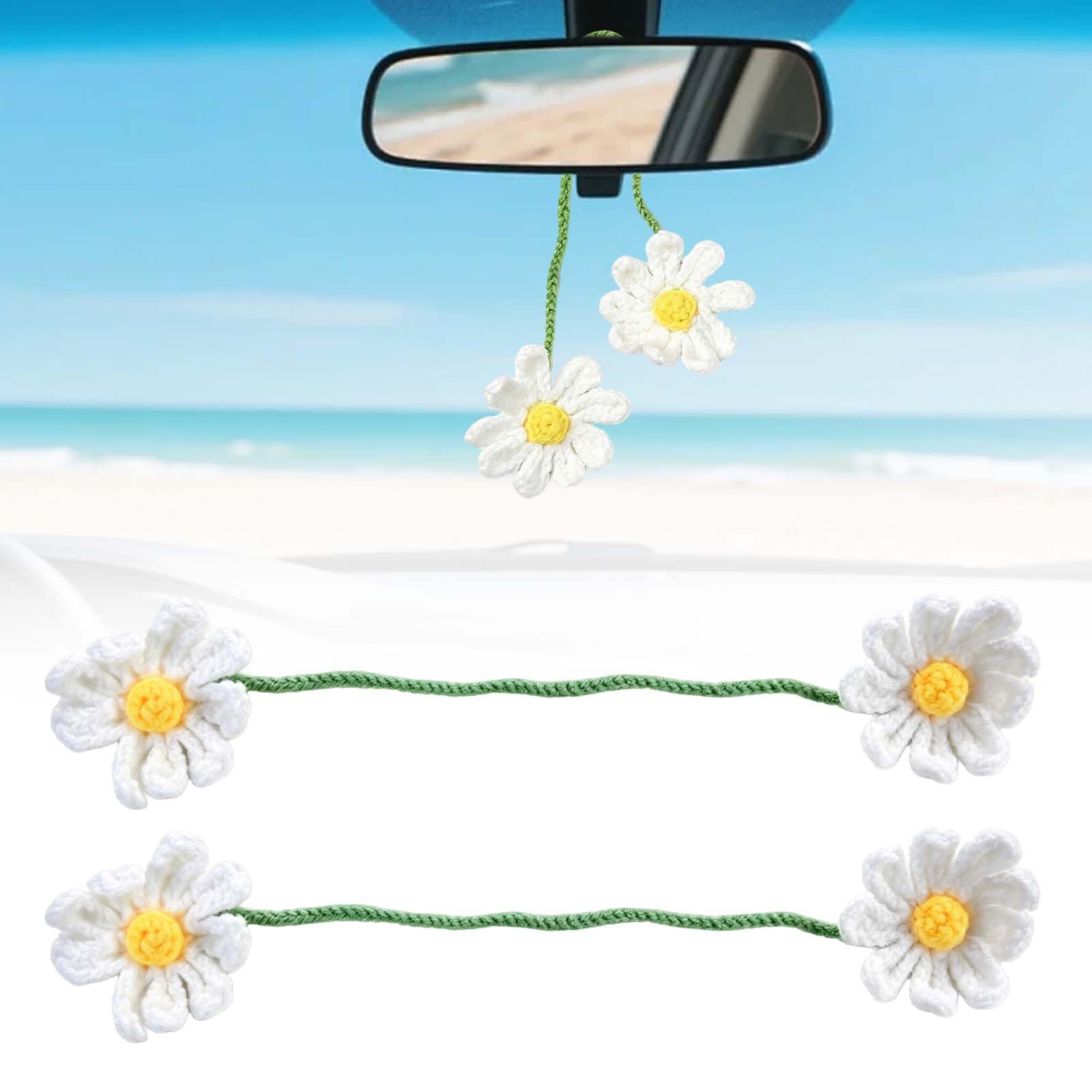 2Pcs Crochet Daisy Car Accessories for Women, Handmade Knitted Flower Rear View Mirror Hanging Decor, Cute Aesthetic Car Decorations for Girls