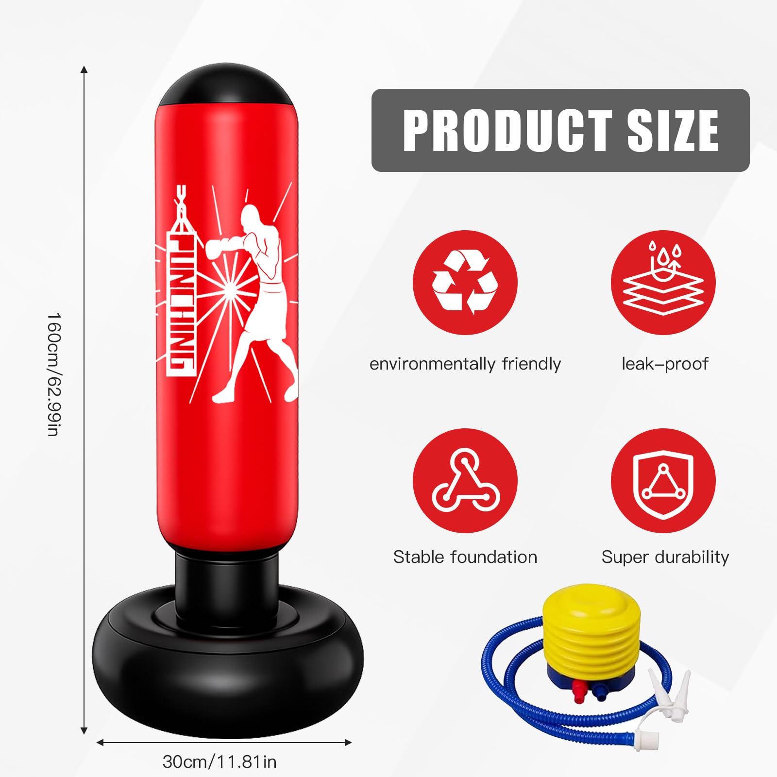 MeYuxg Sacco da Boxe per Bambini,160cm Gonfiabile Sacco da Boxe da Terra con Pompa a Pedale,Punching Ball Bambini Regalo per Ragazzi e Ragazze per karate,Kickboxing,Taekwondo,Allenamento MMA