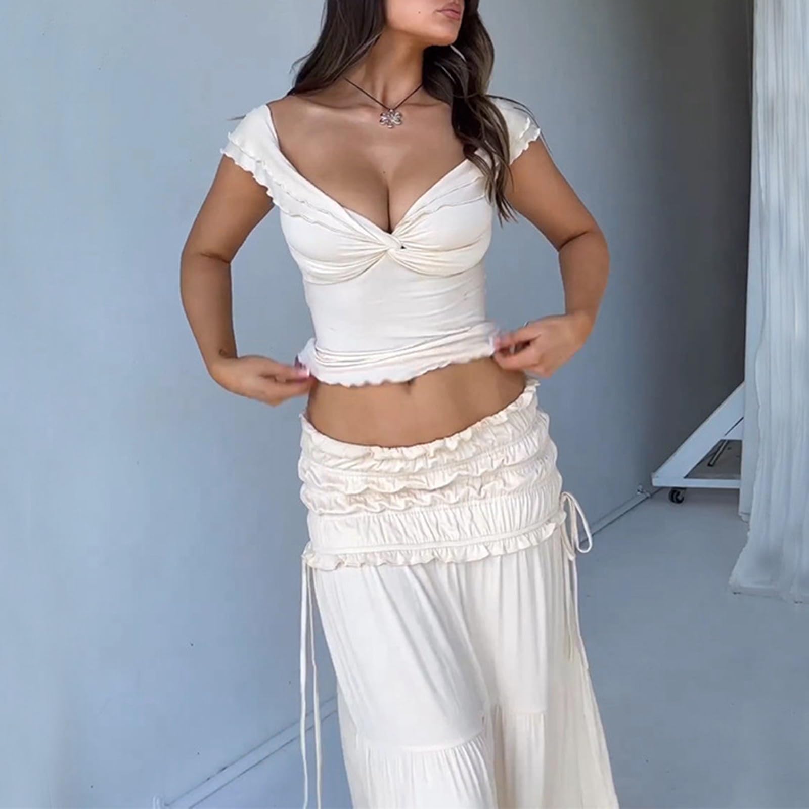 Y2k Ensemble de jupe longue 2 pièces à volants sans manches pour femme avec haut court à volants et jupe longue fluide pour les vacances d'été, la plage, les sorties